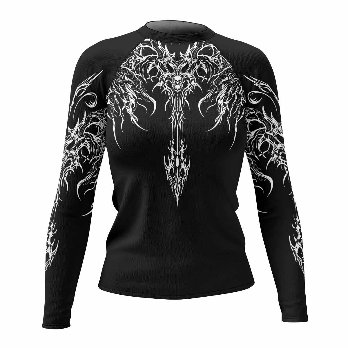 Gothic Bone Skull Women's Rash Guard Long Sleeve - front view mockup