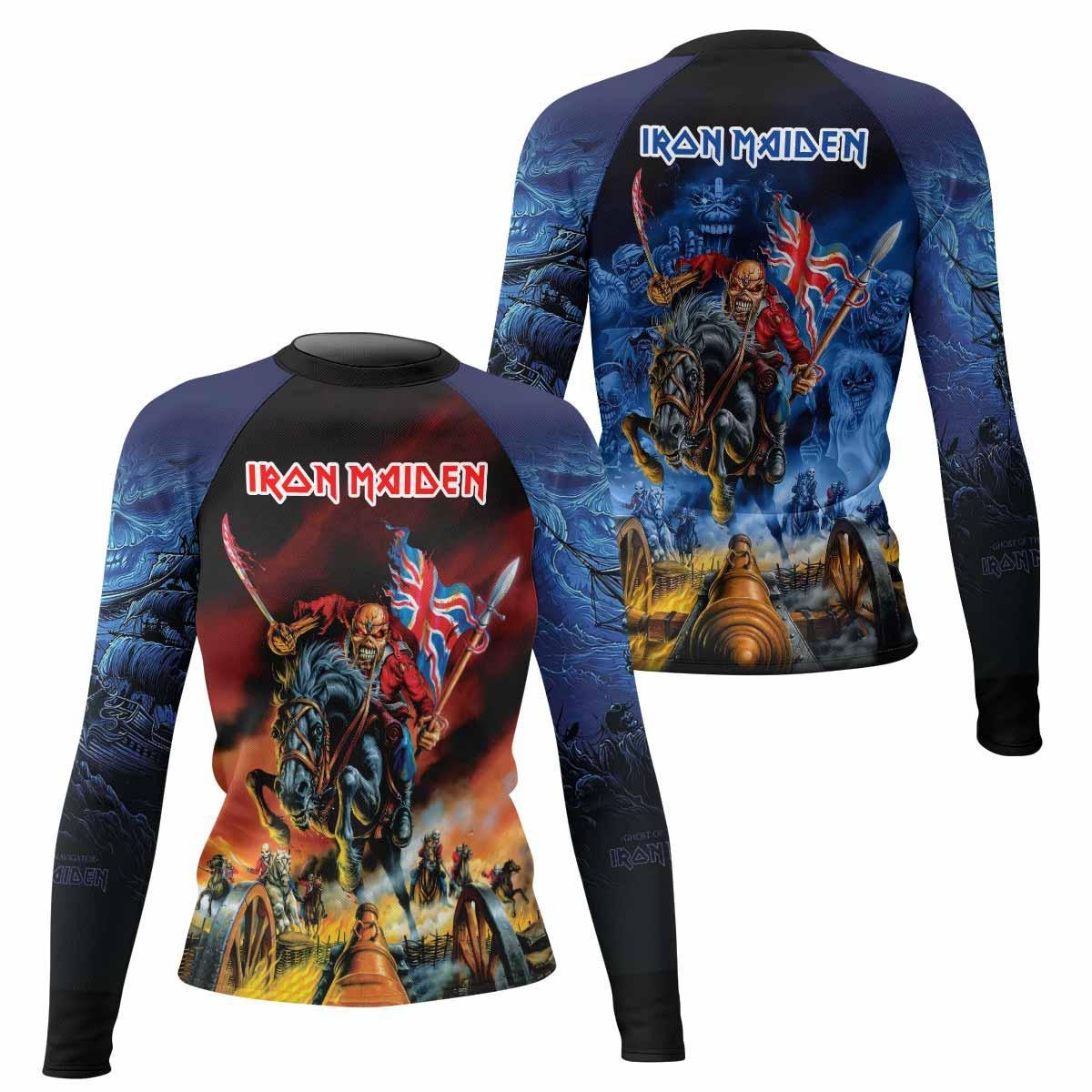 Iron Maiden England Flag Women's Rash Guard Long Sleeve - front and back view