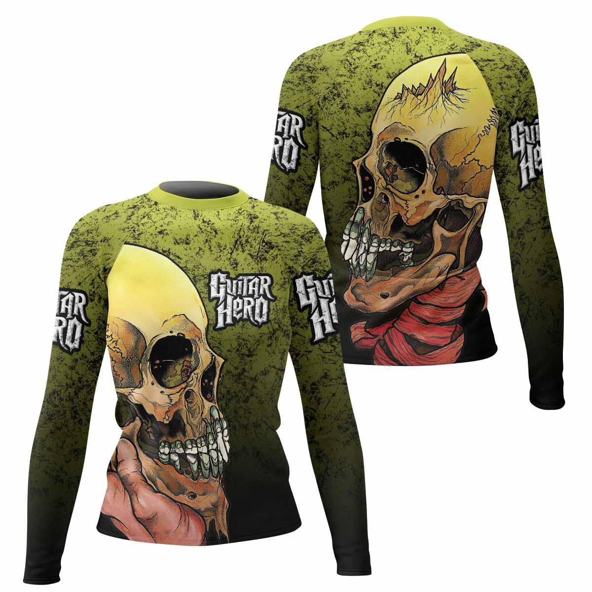Guitar Hero Skull Women's Rash Guard Long Sleeve - front and back view