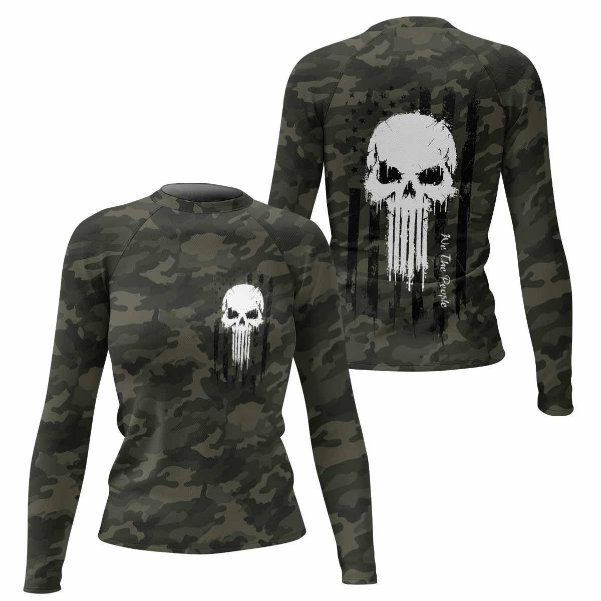 The Punisher Skull We The People Women's Rash Guard Long Sleeve - front and back view