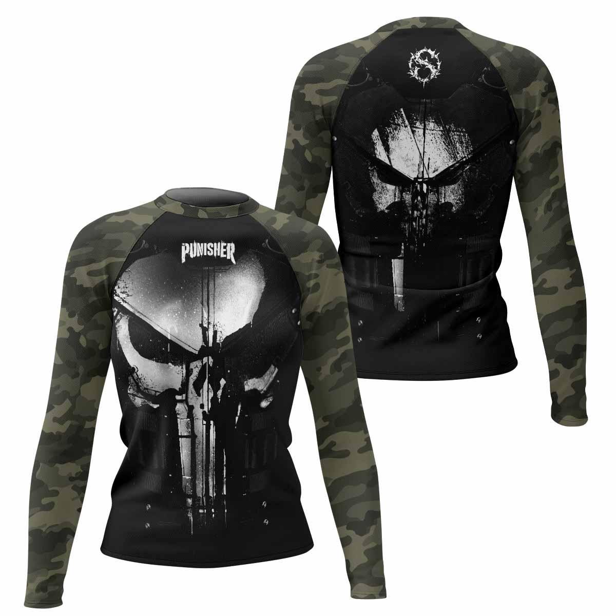 The Punisher Skull Camouflage Women's Rash Guard Long Sleeve - front and back view