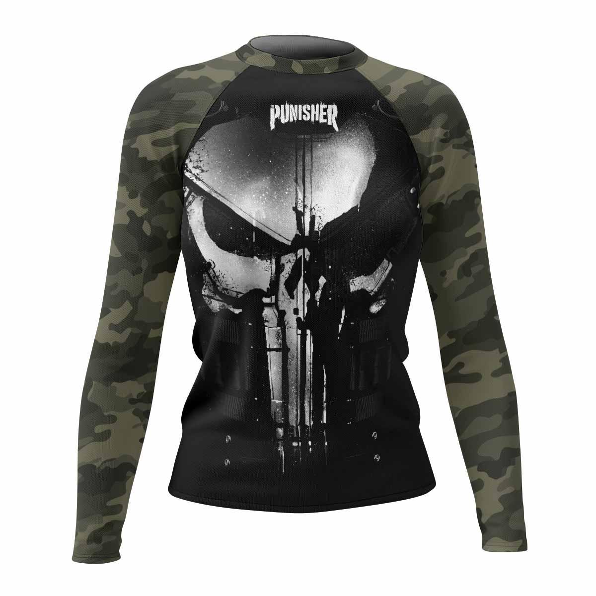 The Punisher Skull Camouflage Women's Rash Guard Long Sleeve - front view mockup