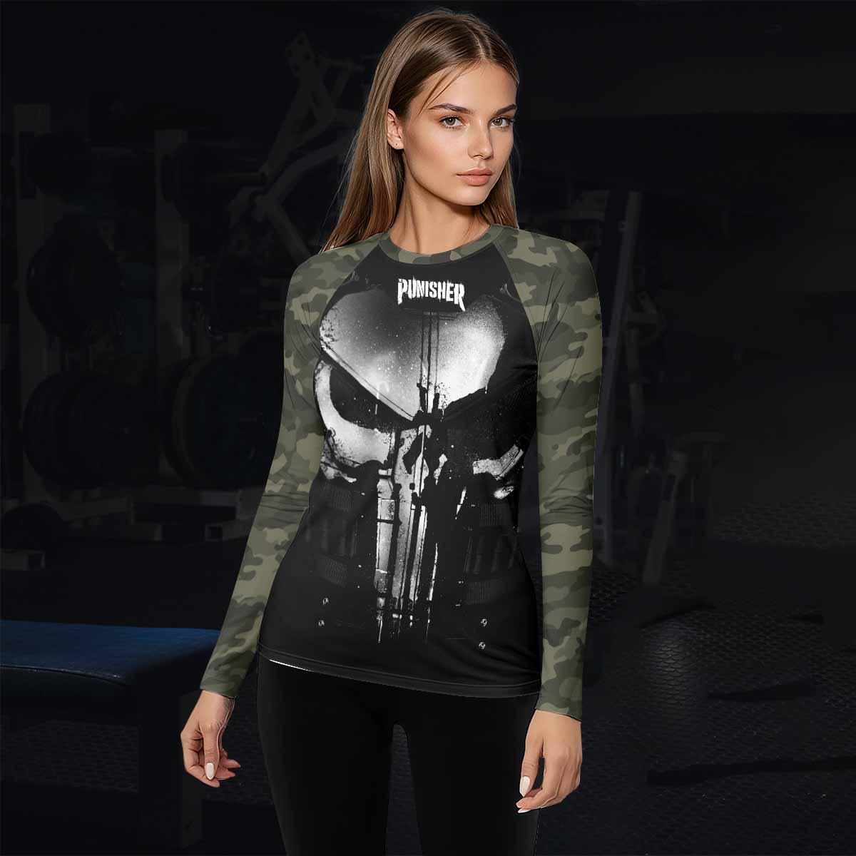 The Punisher Skull Camouflage Women's Rash Guard Long Sleeve - lifestyle view