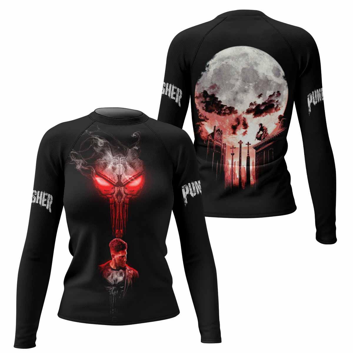 The Punisher Skull Frank Castle Women's Rash Guard Long Sleeve - front and back view
