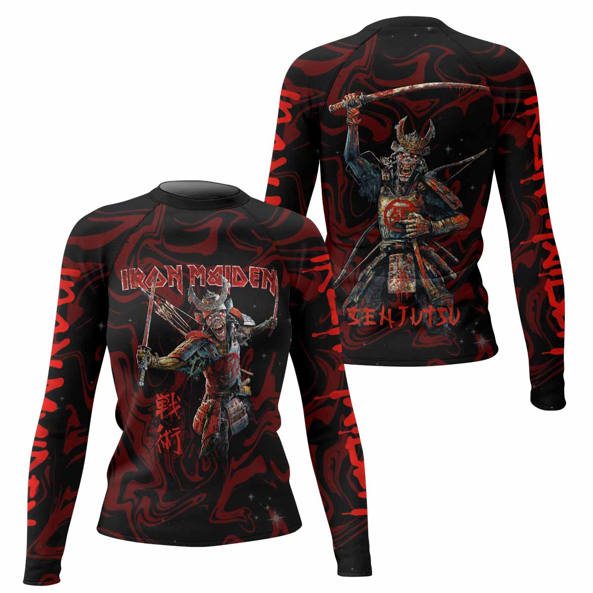 Iron Maiden Senjutsu Samurai Eddie Women's Rash Guard Long Sleeve - front and back view