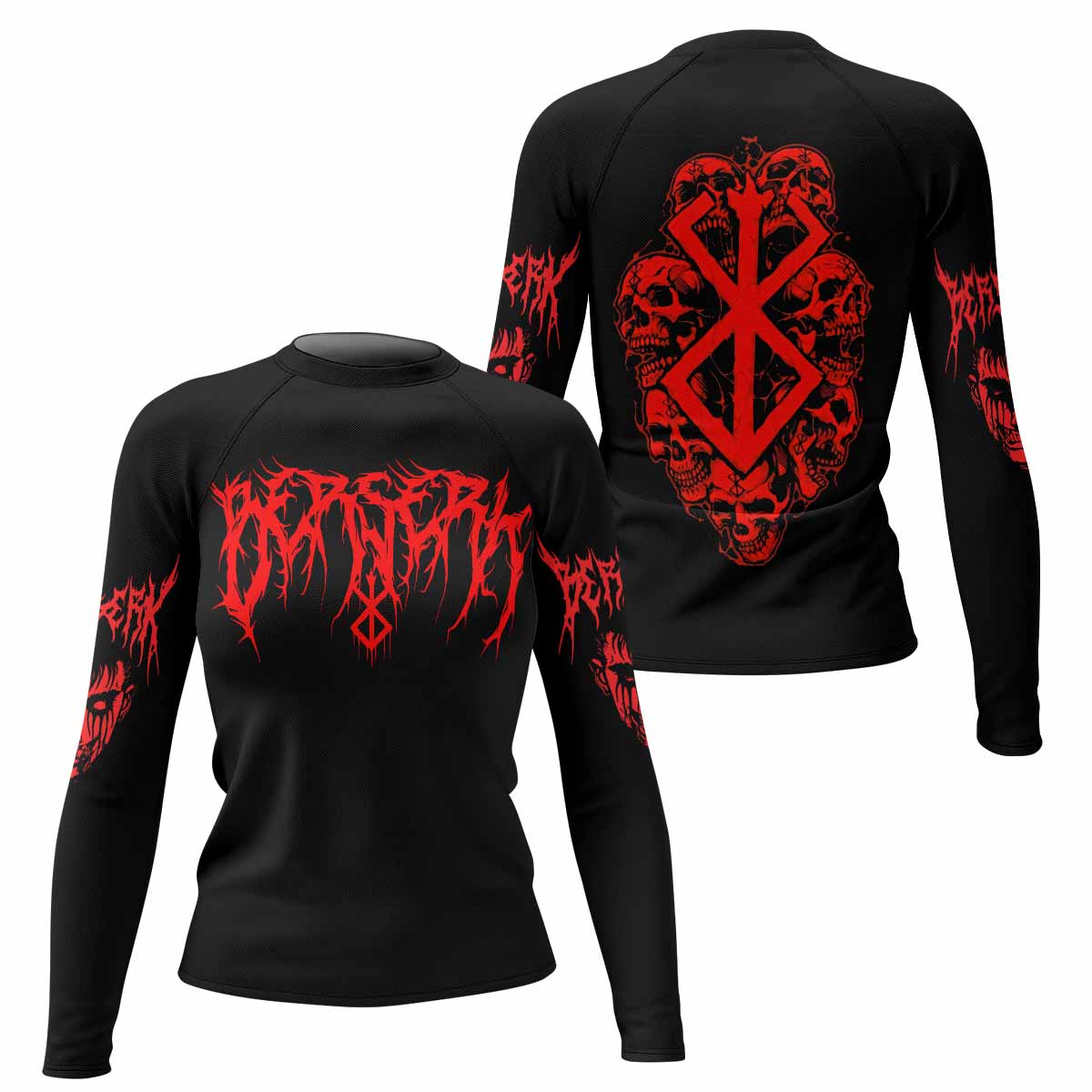 Berserk Metal Skull Knight Women's Rash Guard Long Sleeve - front and back view