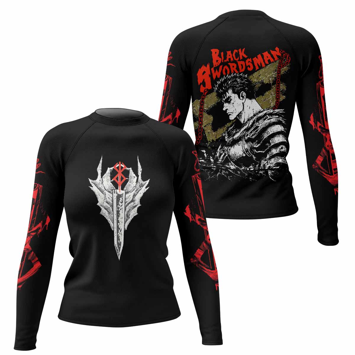 Berserk Black Swordsman Guts Women's Rash Guard Long Sleeve - front and back view