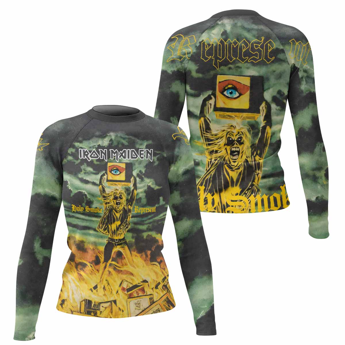 Iron Maiden Holy Smoke Women's Rash Guard Long Sleeve - front and back view