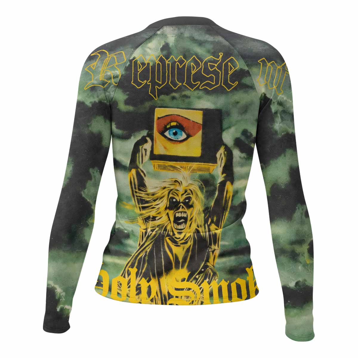 Iron Maiden Holy Smoke Women's Rash Guard Long Sleeve - back view mockup