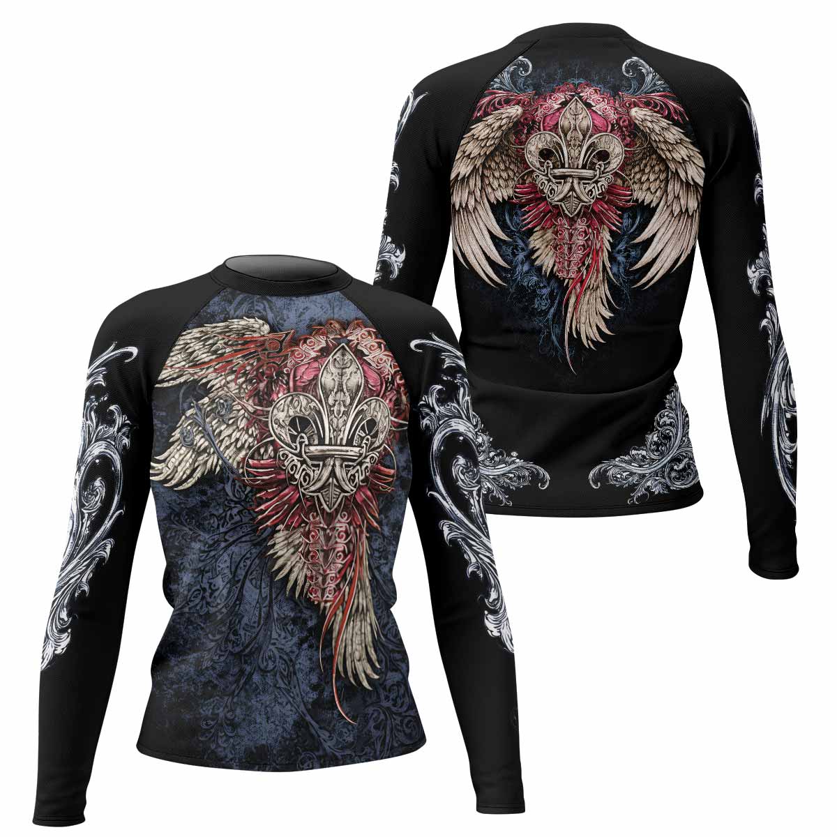 Metallic Embossed Angel Women's Rash Guard Long Sleeve - front and back view