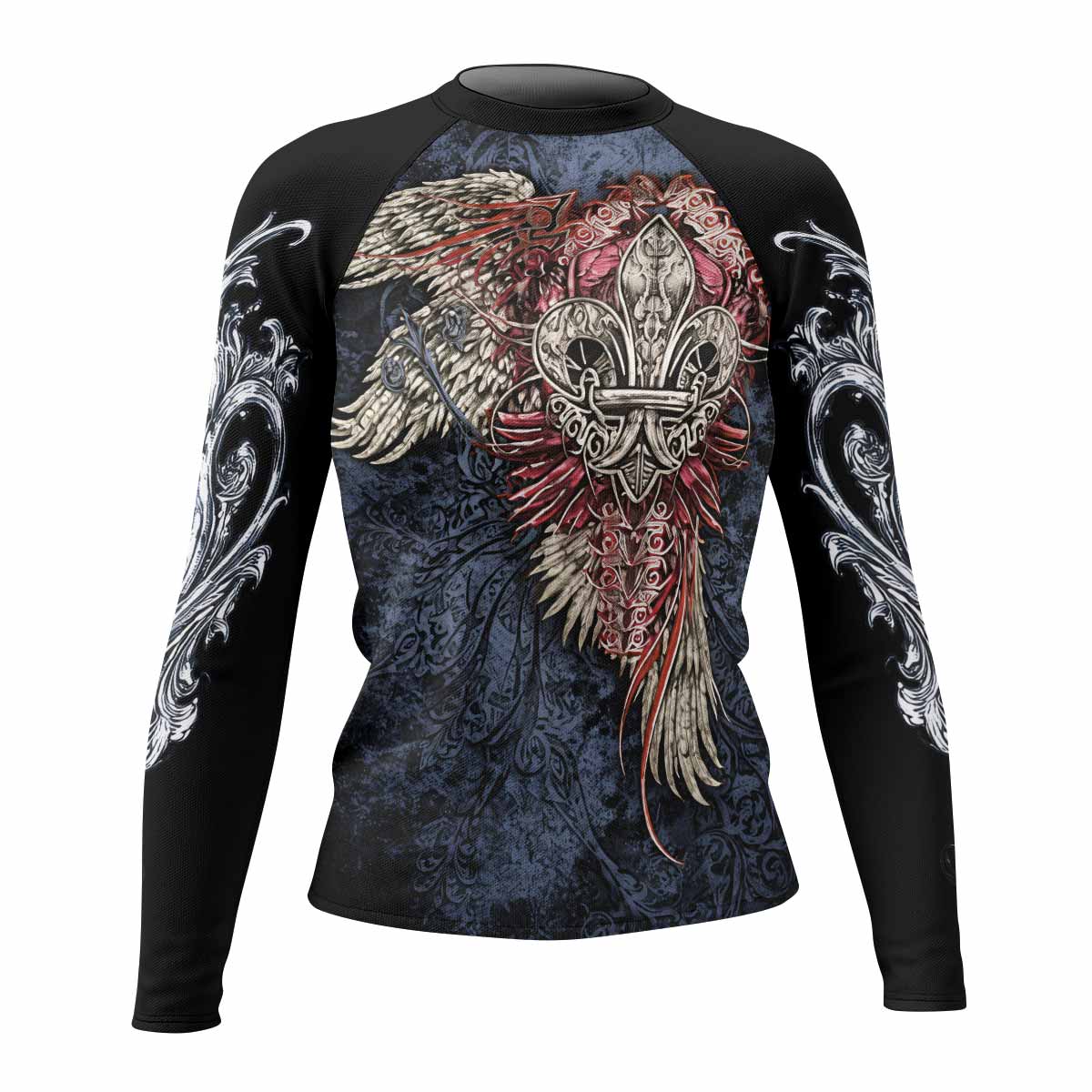 Metallic Embossed Angel Women's Rash Guard Long Sleeve - front view mockup