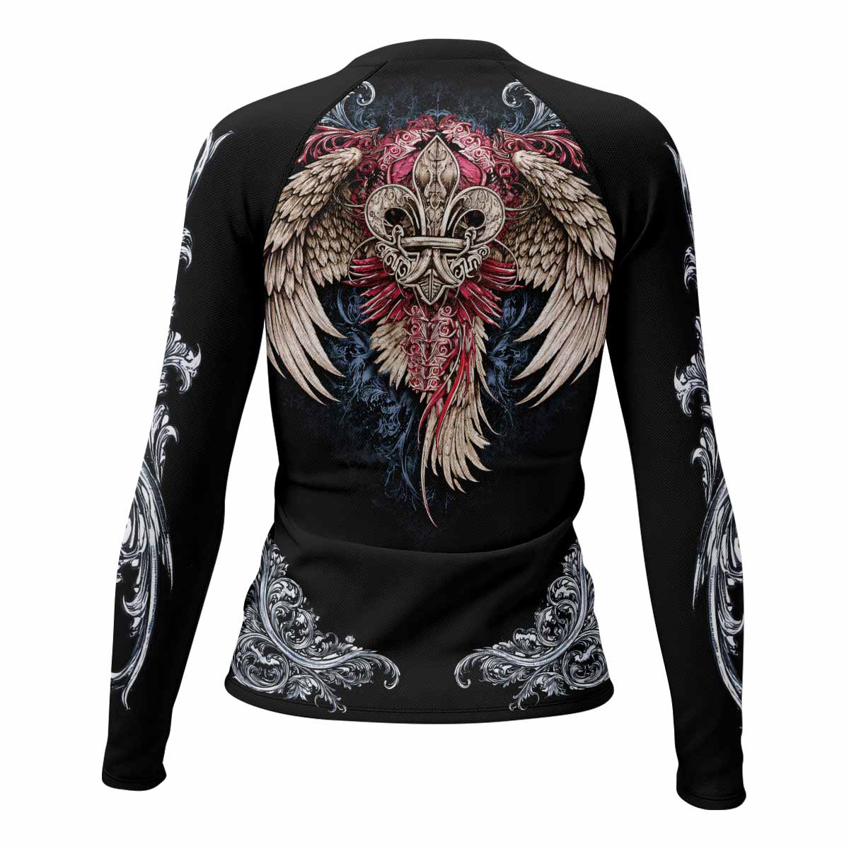 Metallic Embossed Angel Women's Rash Guard Long Sleeve - back view mockup