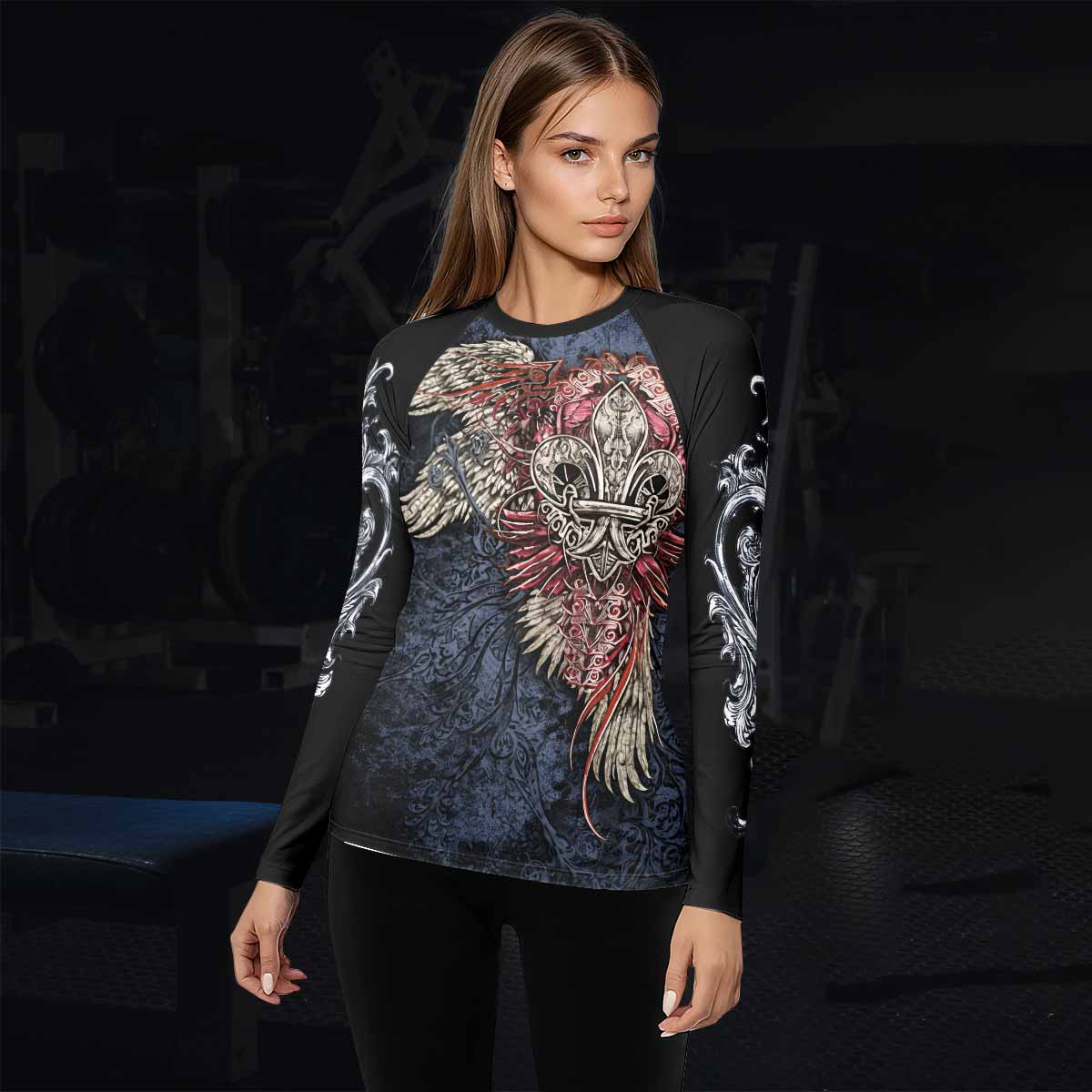 Metallic Embossed Angel Women's Rash Guard Long Sleeve - lifestyle view