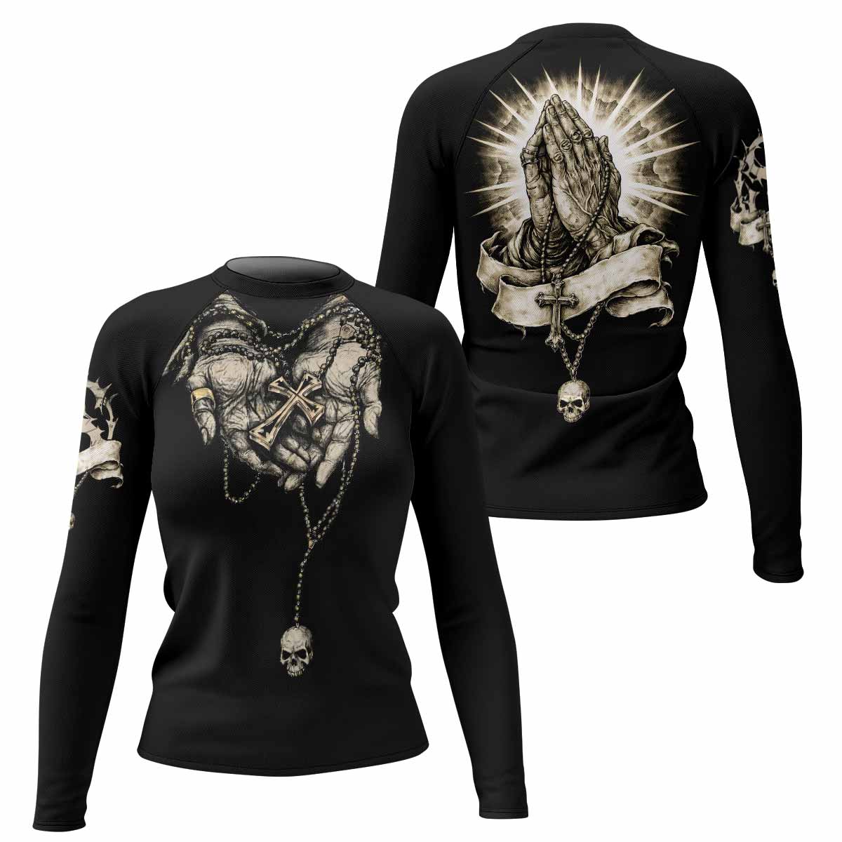 Praying Hands Skull Women's Rash Guard Long Sleeve - front and back view