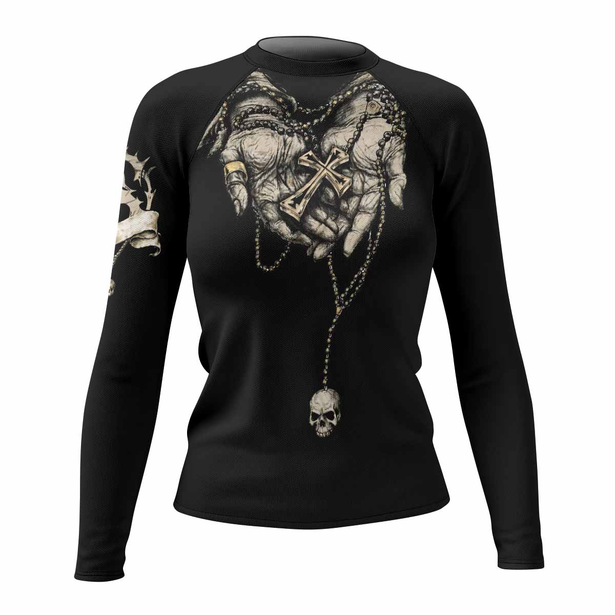Praying Hands Skull Women's Rash Guard Long Sleeve - front view mockup