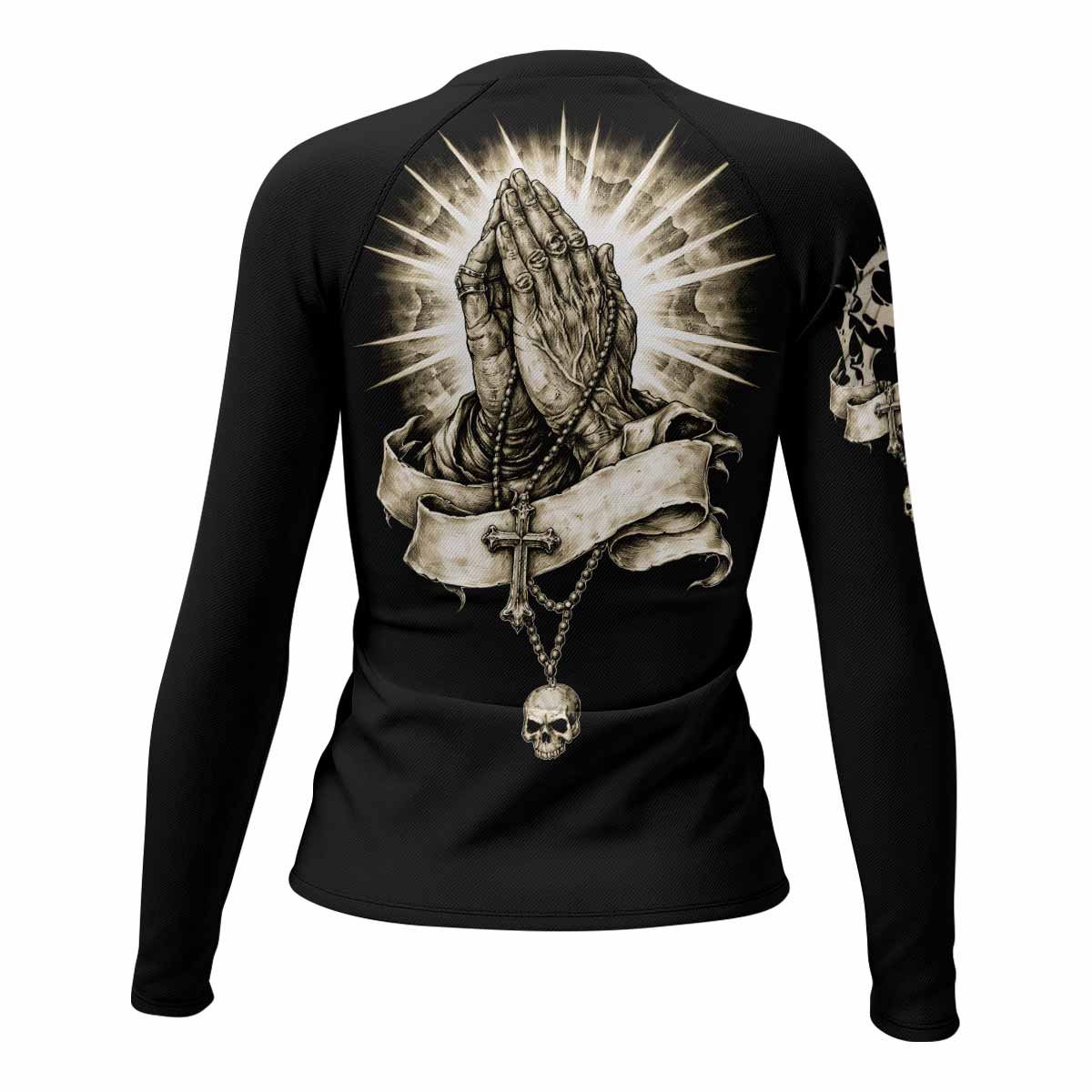Praying Hands Skull Women's Rash Guard Long Sleeve - back view mockup