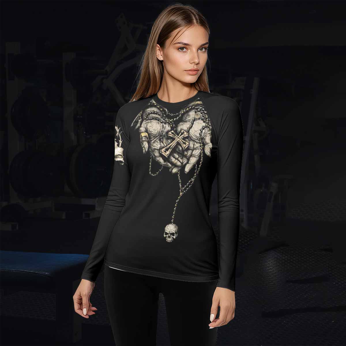 Praying Hands Skull Women's Rash Guard Long Sleeve - lifestyle view