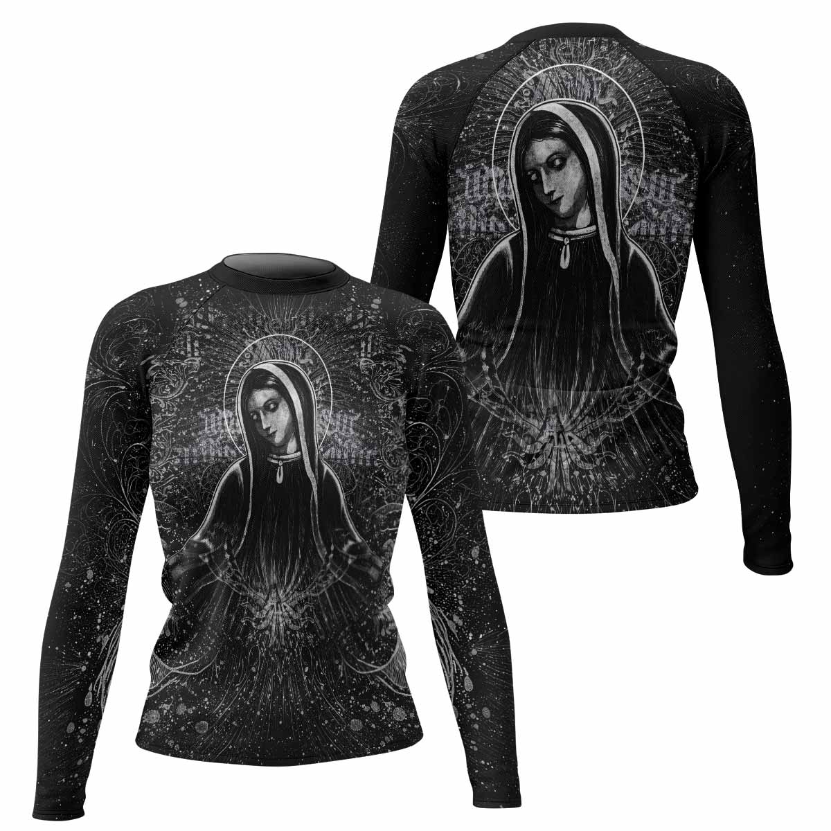 Virgin Mary Women's Rash Guard Long Sleeve - front and back view