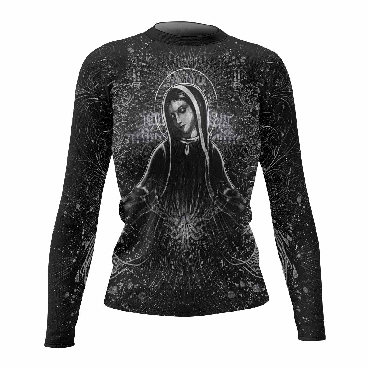 Virgin Mary Women's Rash Guard Long Sleeve - front view mockup