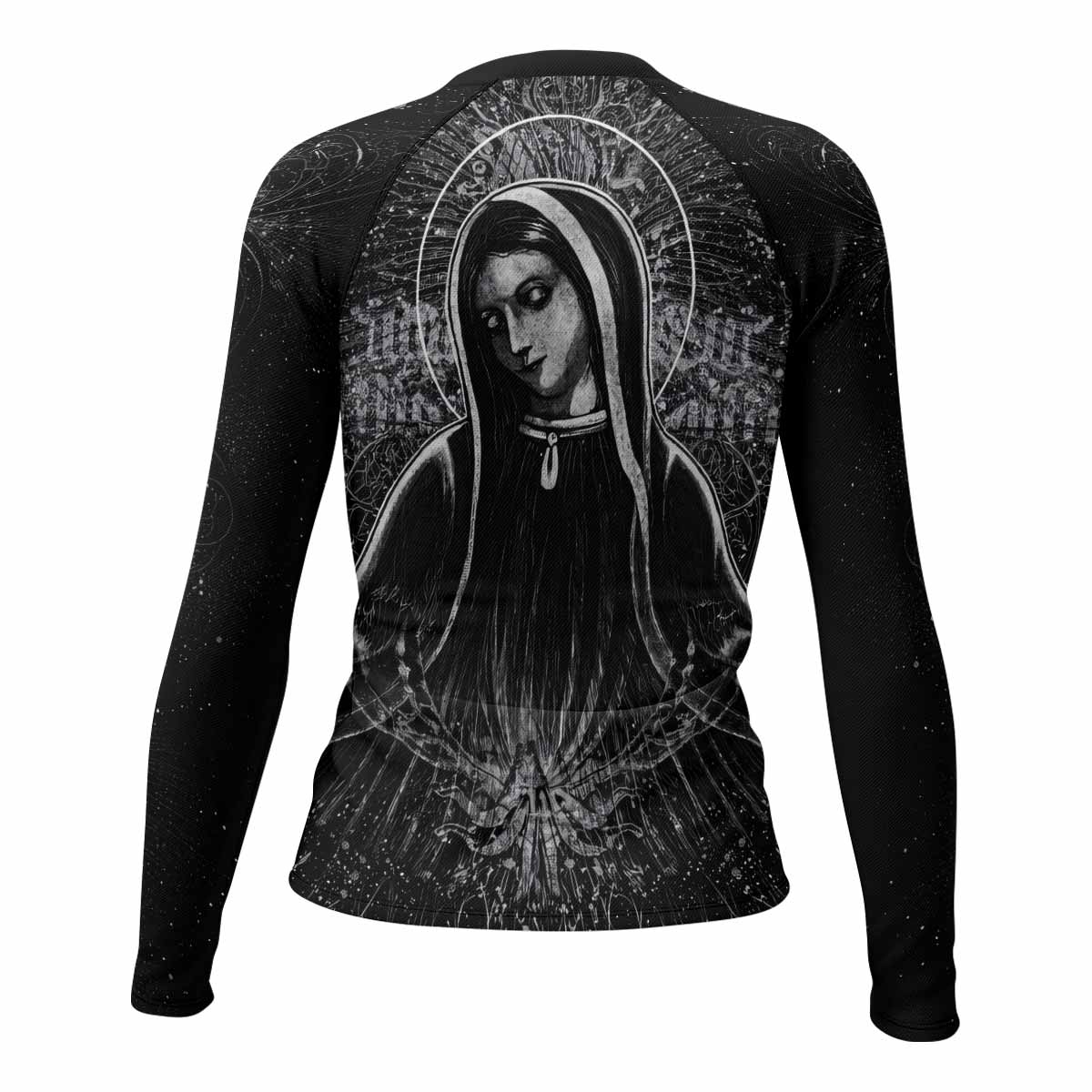 Virgin Mary Women's Rash Guard Long Sleeve - back view mockup