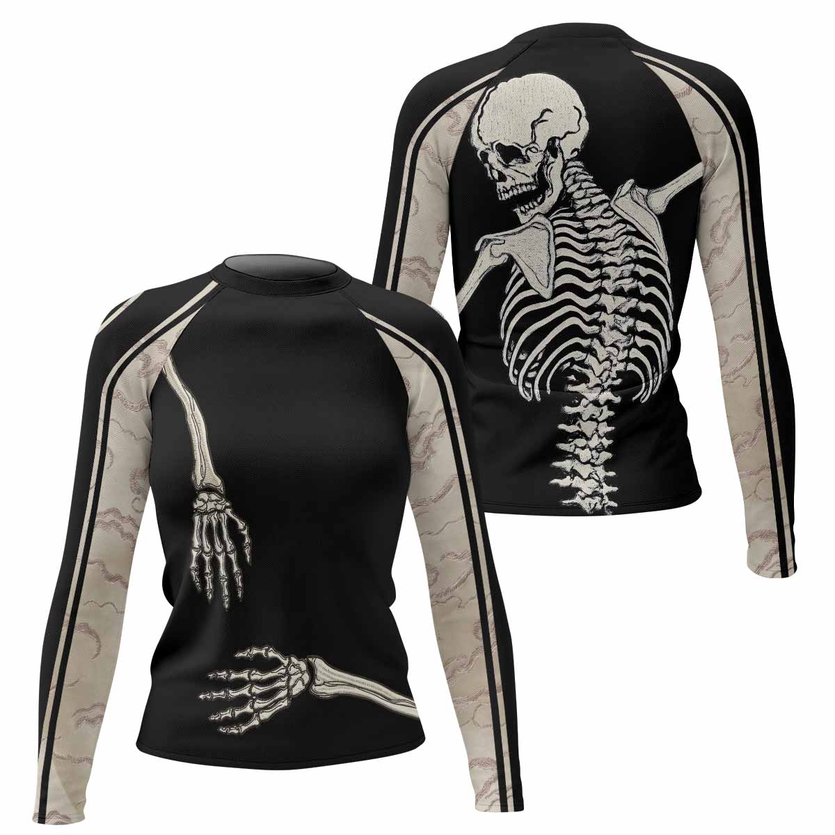 Bare Bones Skeleton Women's Rash Guard Long Sleeve - front and back view