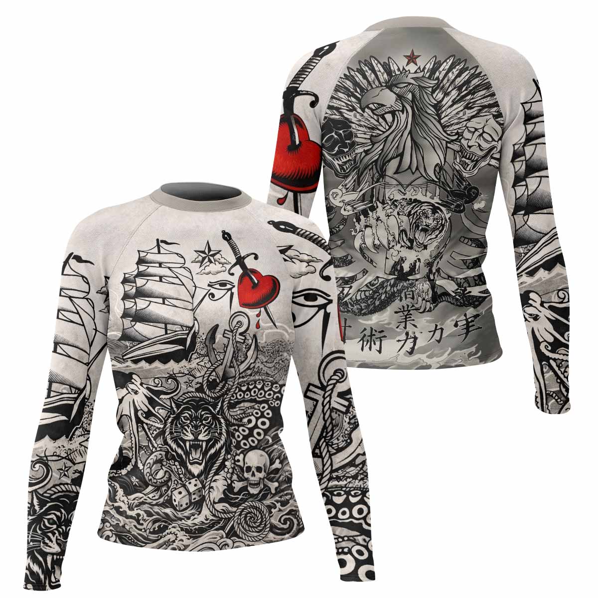 Savage Ocean Irezumi Women's Rash Guard Long Sleeve - front and back view