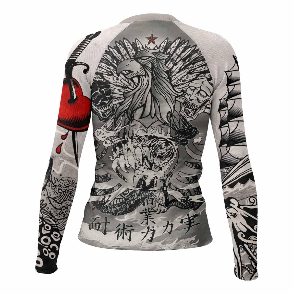 Savage Ocean Irezumi Women's Rash Guard Long Sleeve - back view mockup