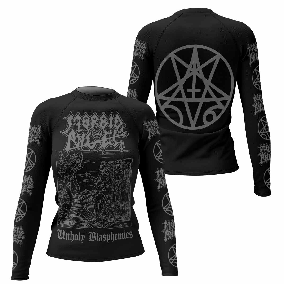 Morbid Angel Unholy Blasphemies Women's Rash Guard Long Sleeve - front and back view