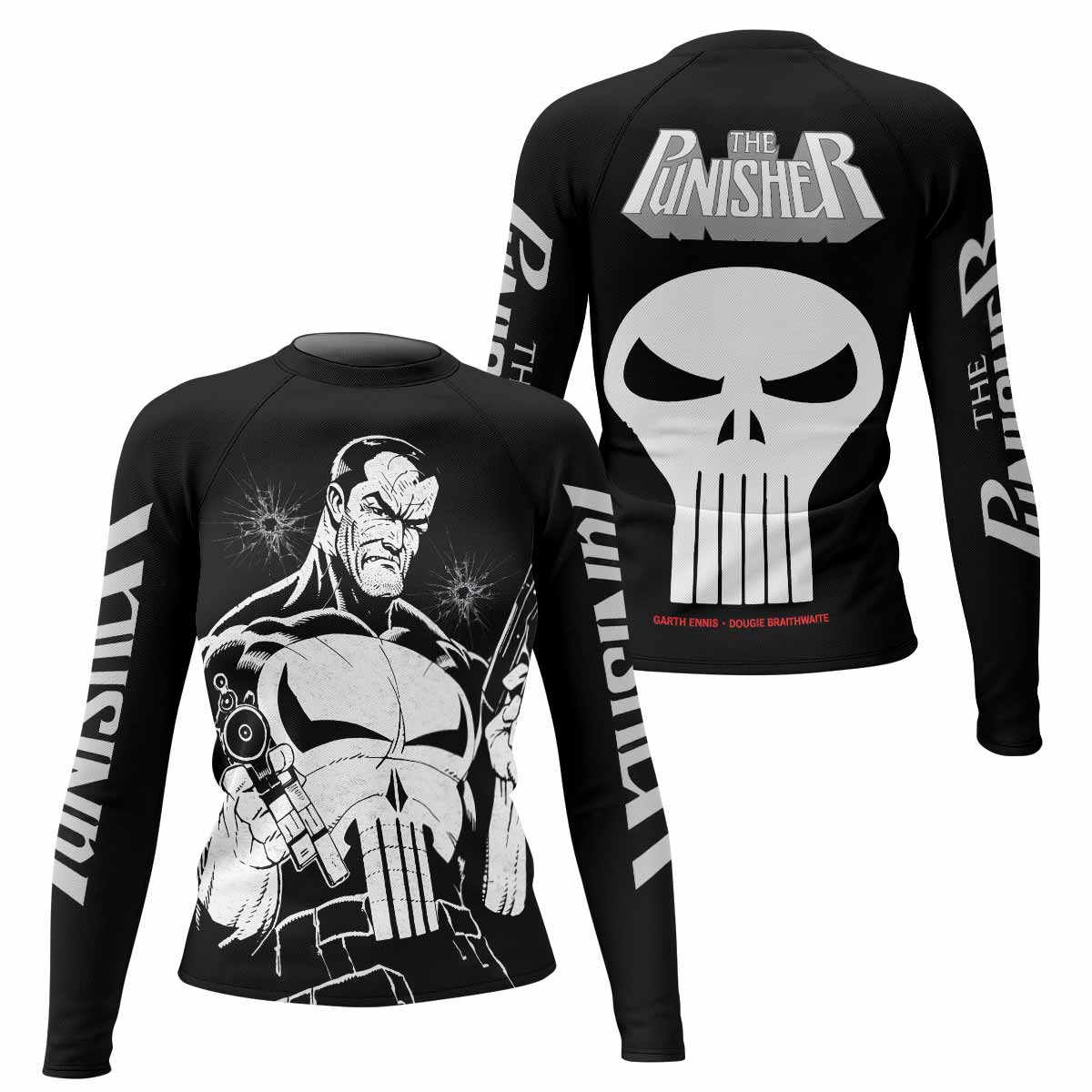 The Punisher Comic Frank Castle Women's Rash Guard Long Sleeve - front and back view