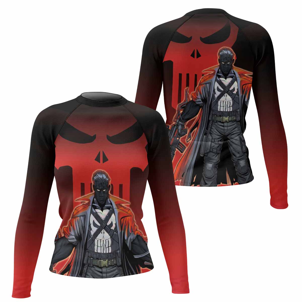 The Punisher Red Frank Castle Women's Rash Guard Long Sleeve - front and back view