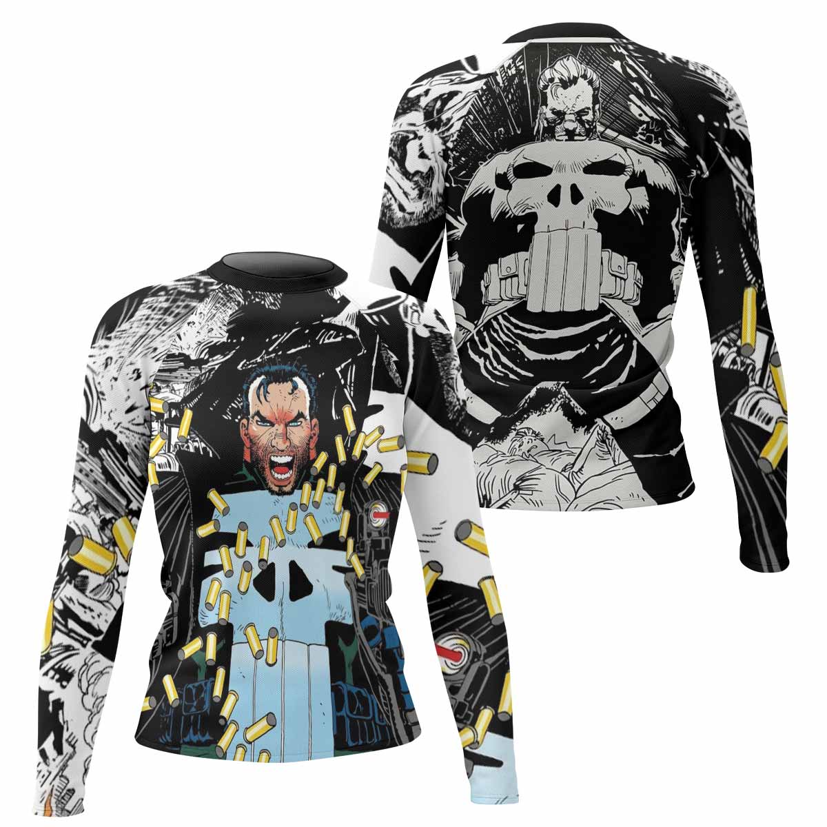 Punisher Bullet Storm Frank Castle Women's Rash Guard Long Sleeve - front and back view