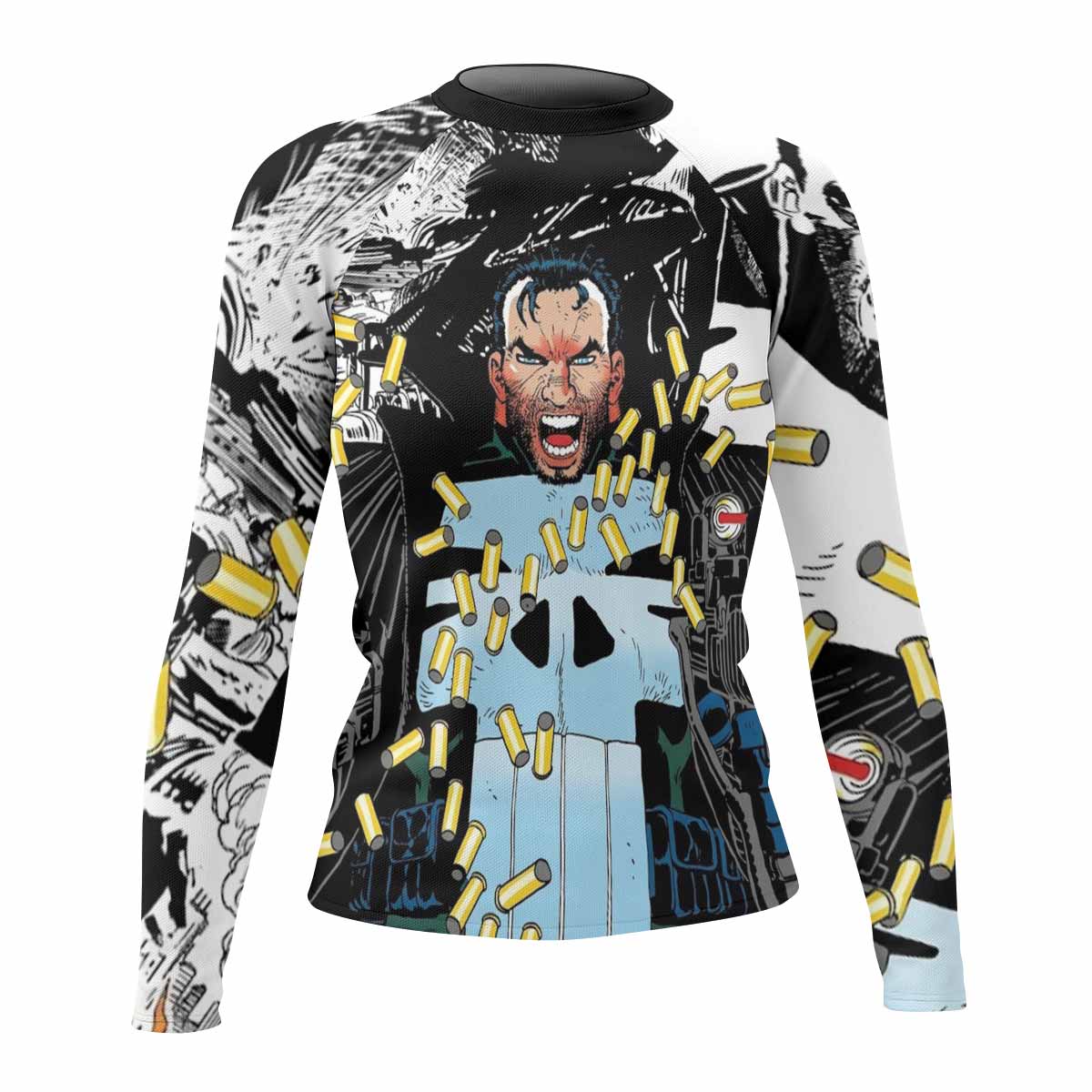 Punisher Bullet Storm Frank Castle Women's Rash Guard Long Sleeve - front view mockup