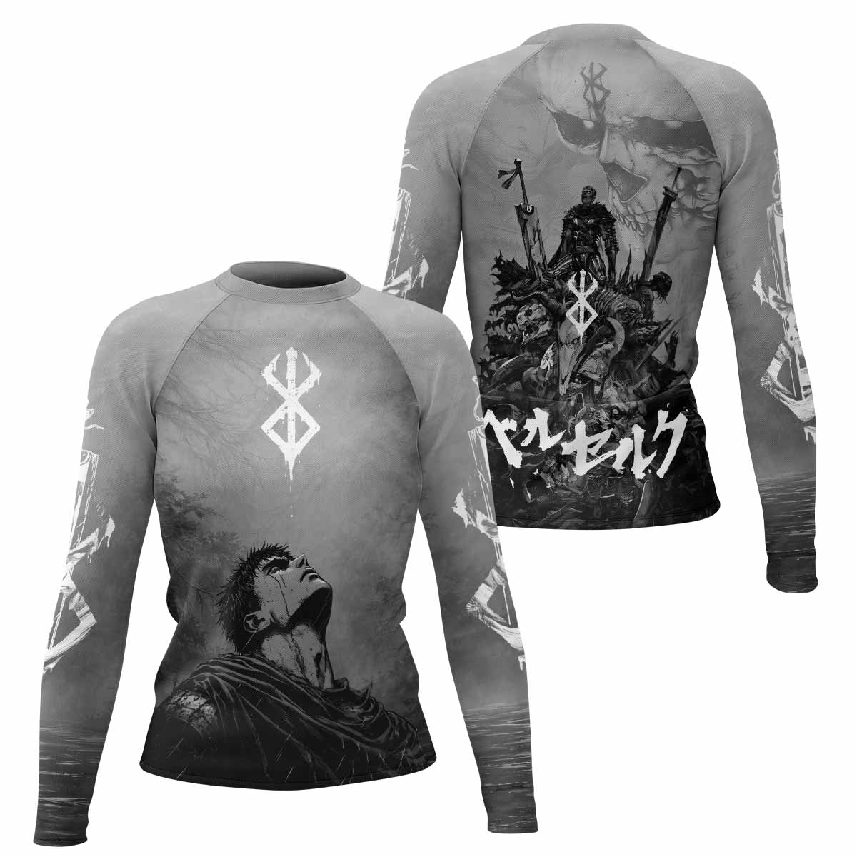 Berserk Guts Sorrow Women's Rash Guard Long Sleeve - front and back view