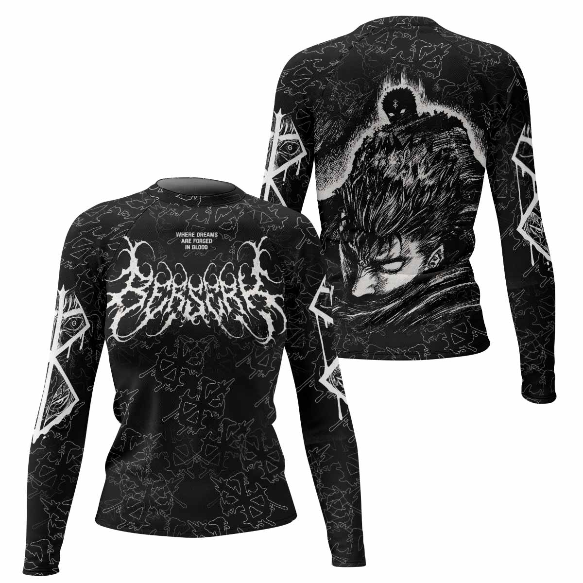 Berserk Forged In Blood Women's Rash Guard Long Sleeve - front and back view