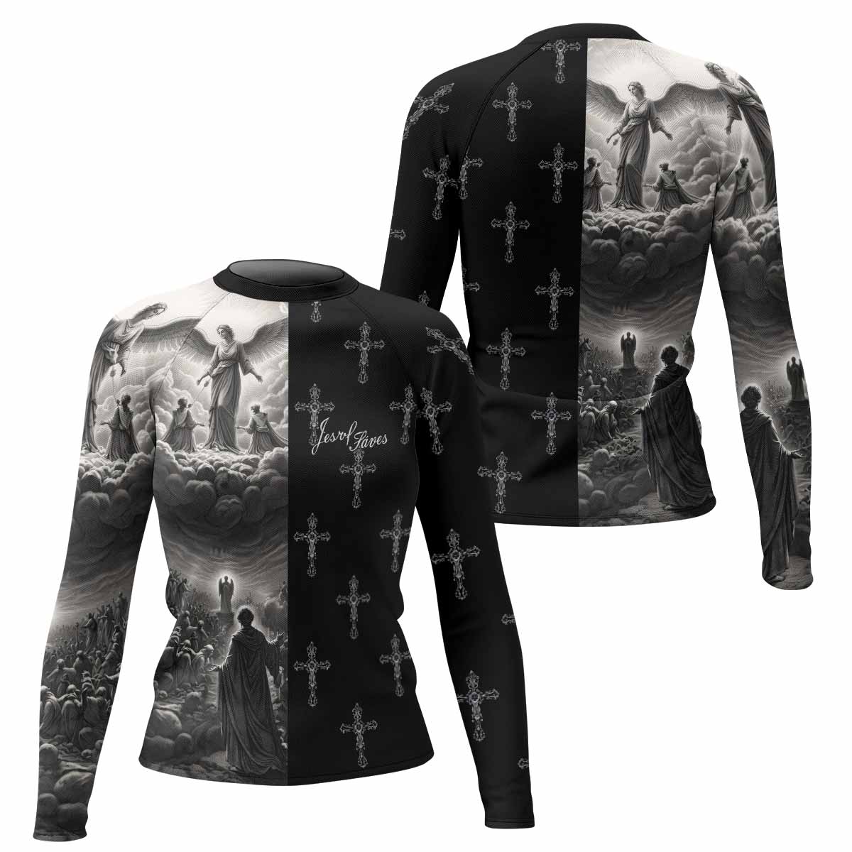 Jesus Saves Angel Ascension Women's Rash Guard Long Sleeve - front and back view