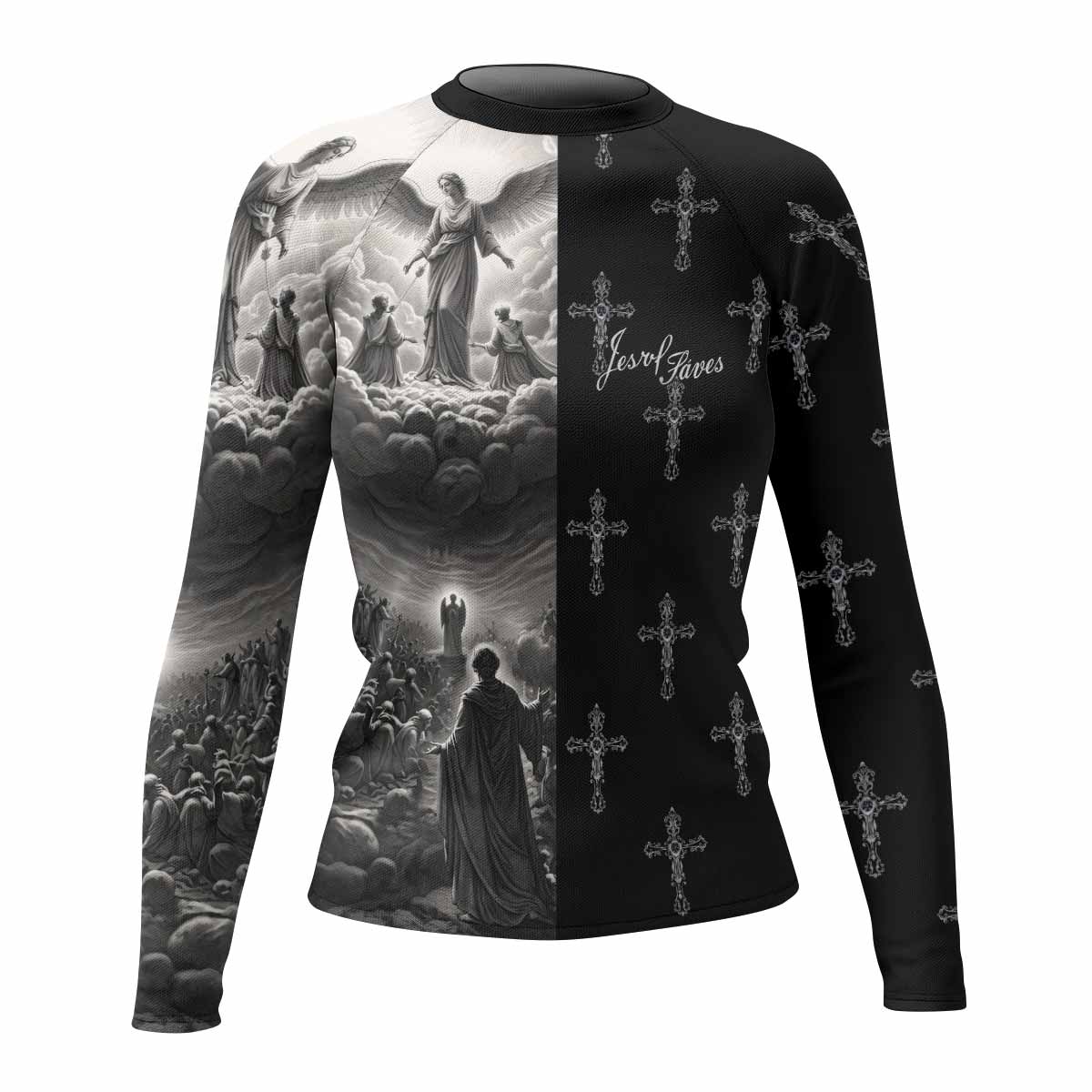 Jesus Saves Angel Ascension Women's Rash Guard Long Sleeve - front view mockup