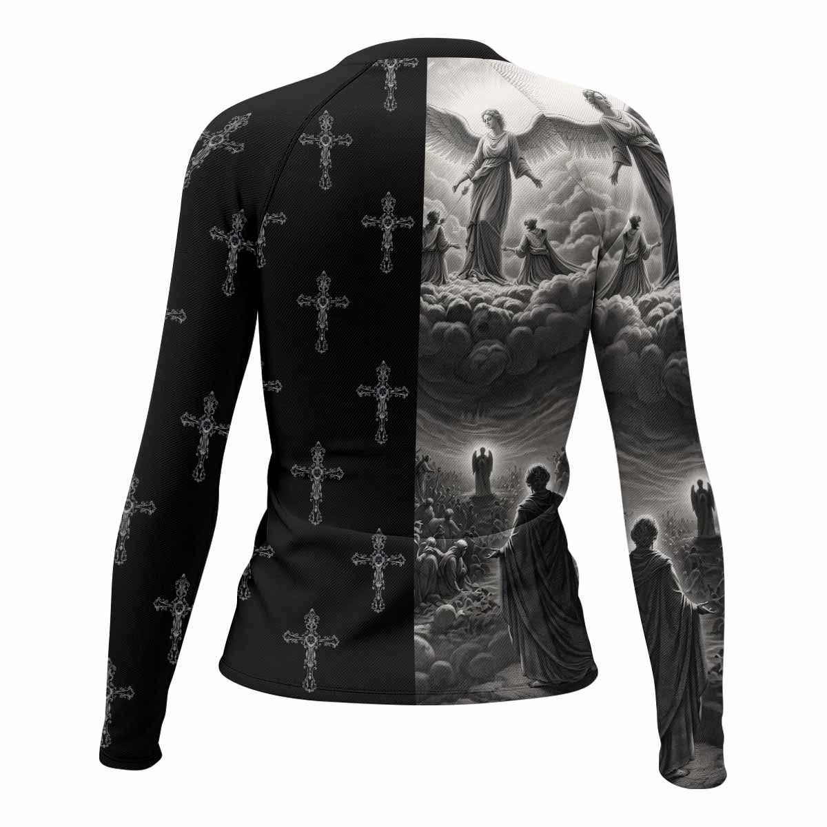 Jesus Saves Angel Ascension Women's Rash Guard Long Sleeve - back view mockup
