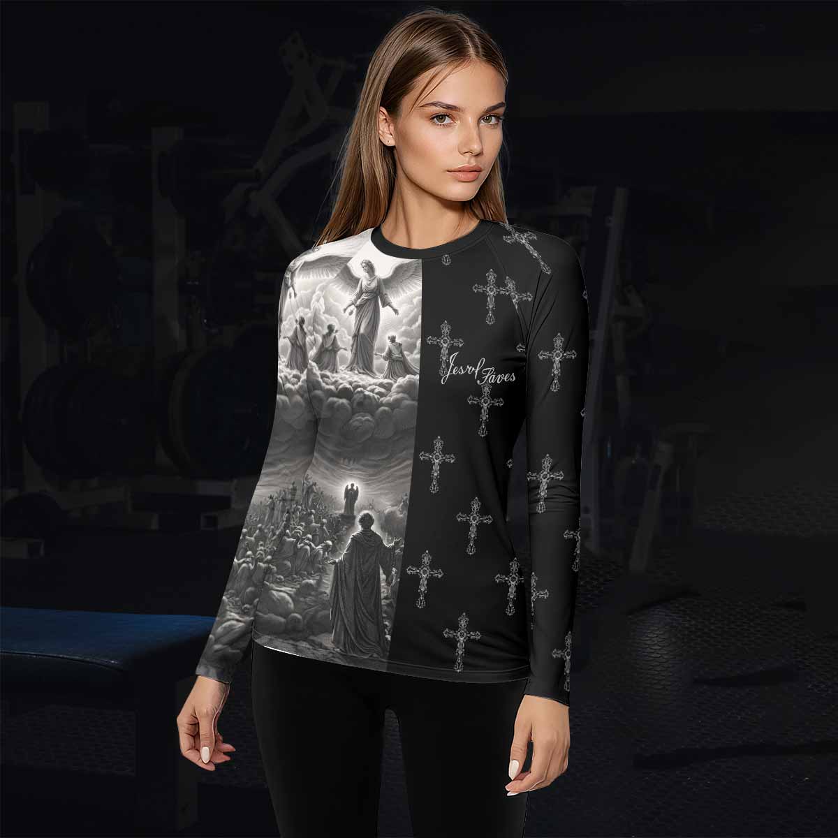 Jesus Saves Angel Ascension Women's Rash Guard Long Sleeve - lifestyle view
