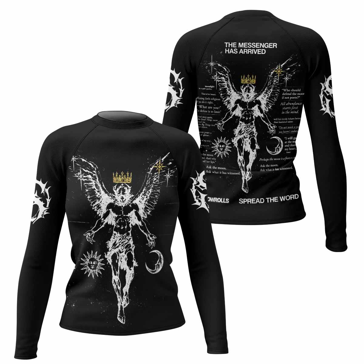The Messenger Has Arrived Black Women's Rash Guard Long Sleeve - front and back view
