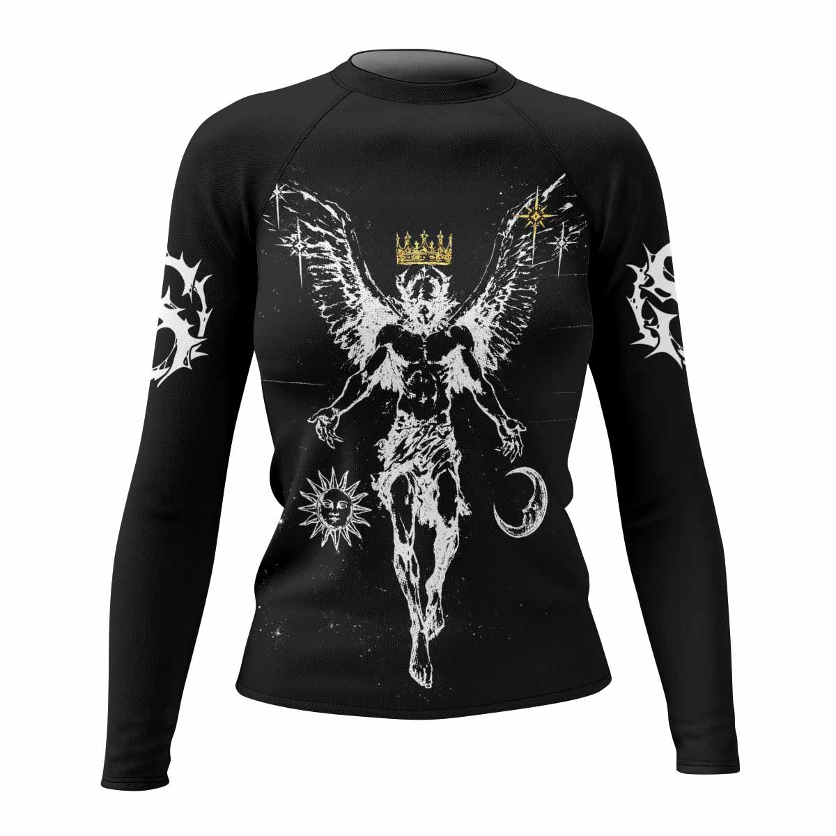 The Messenger Has Arrived Black Women's Rash Guard Long Sleeve - front view mockup