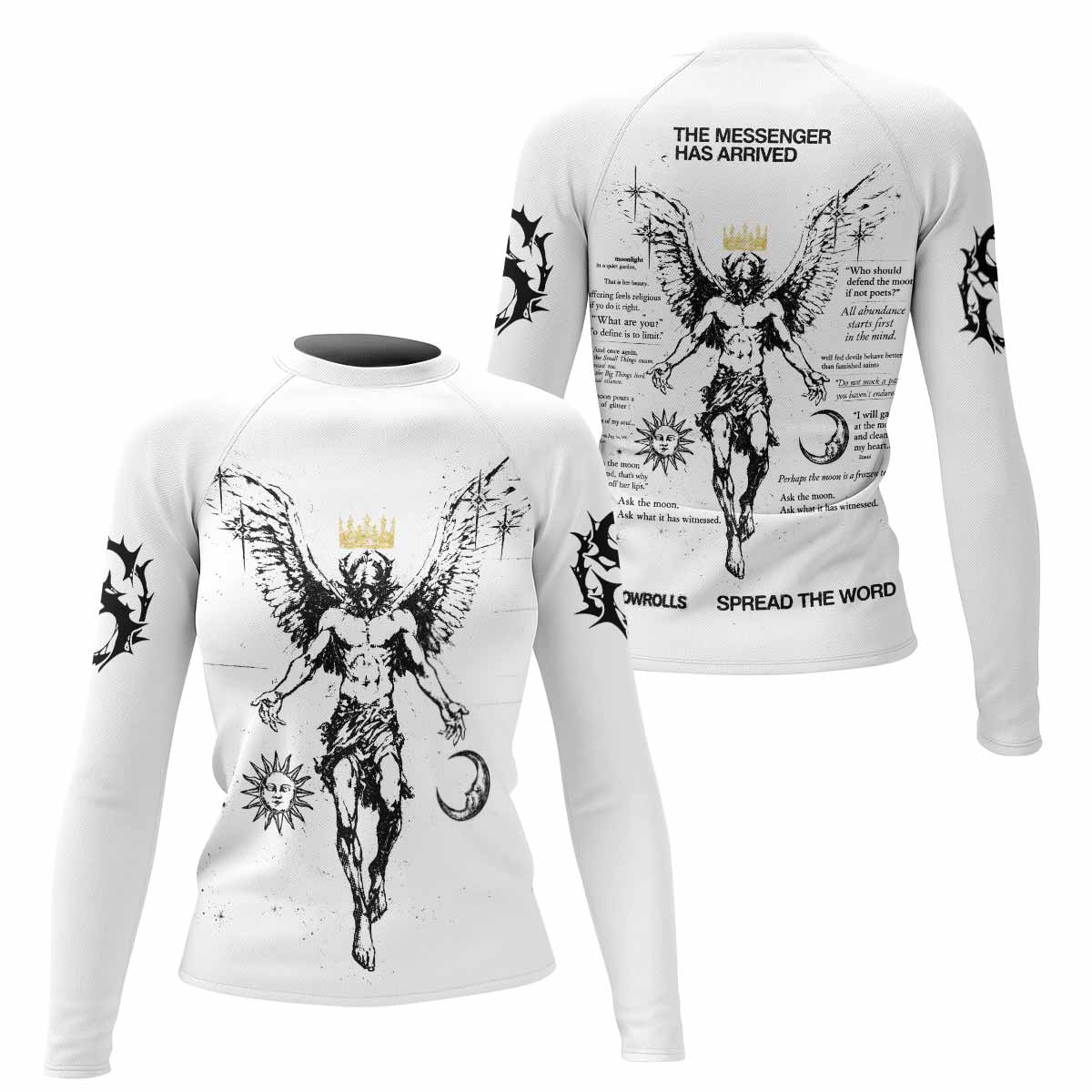 The Messenger Has Arrived White Women's Rash Guard Long Sleeve - front and back view