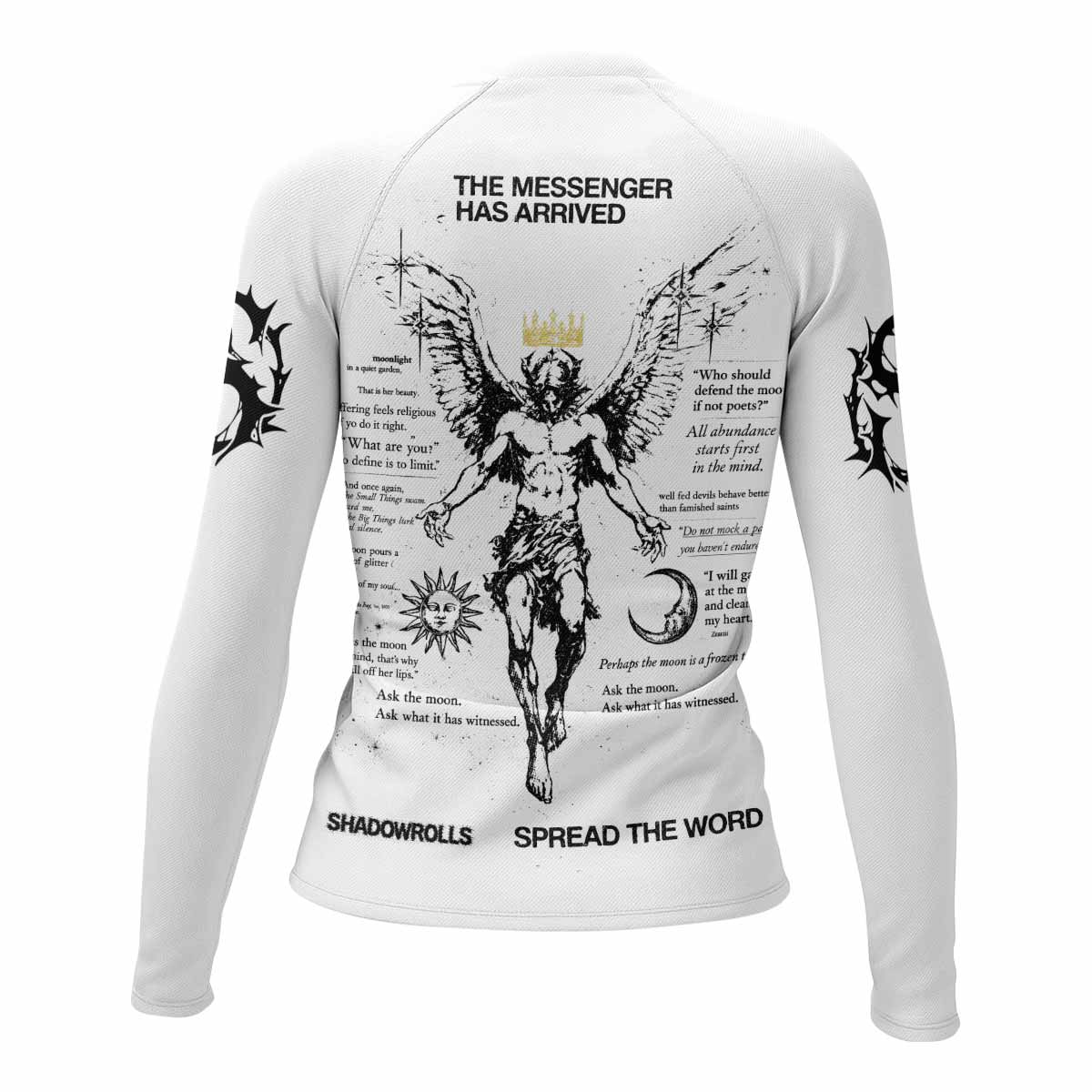 The Messenger Has Arrived White Women's Rash Guard Long Sleeve - back view mockup