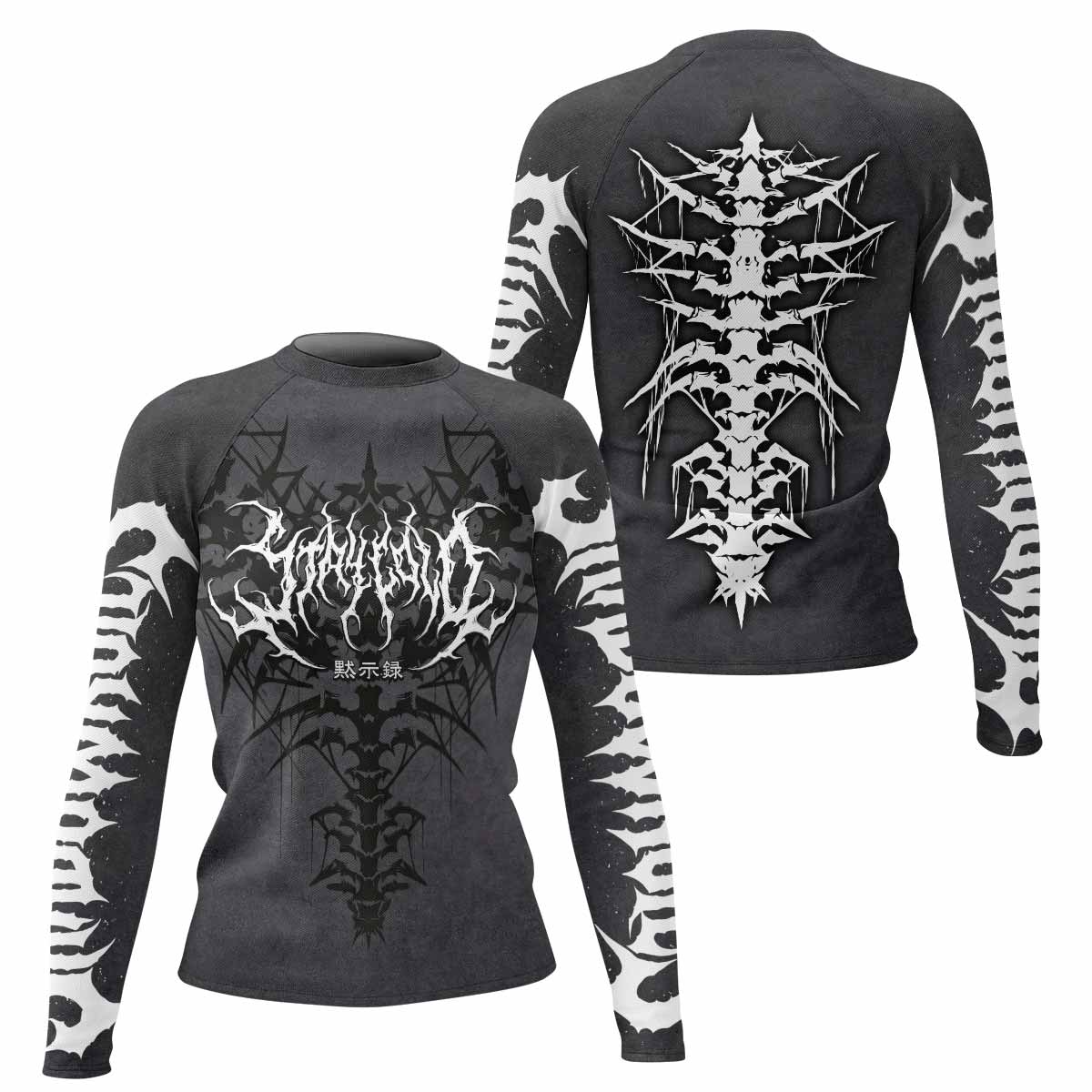 Black Metal Gothic Spine Women's Rash Guard Long Sleeve - front and back view