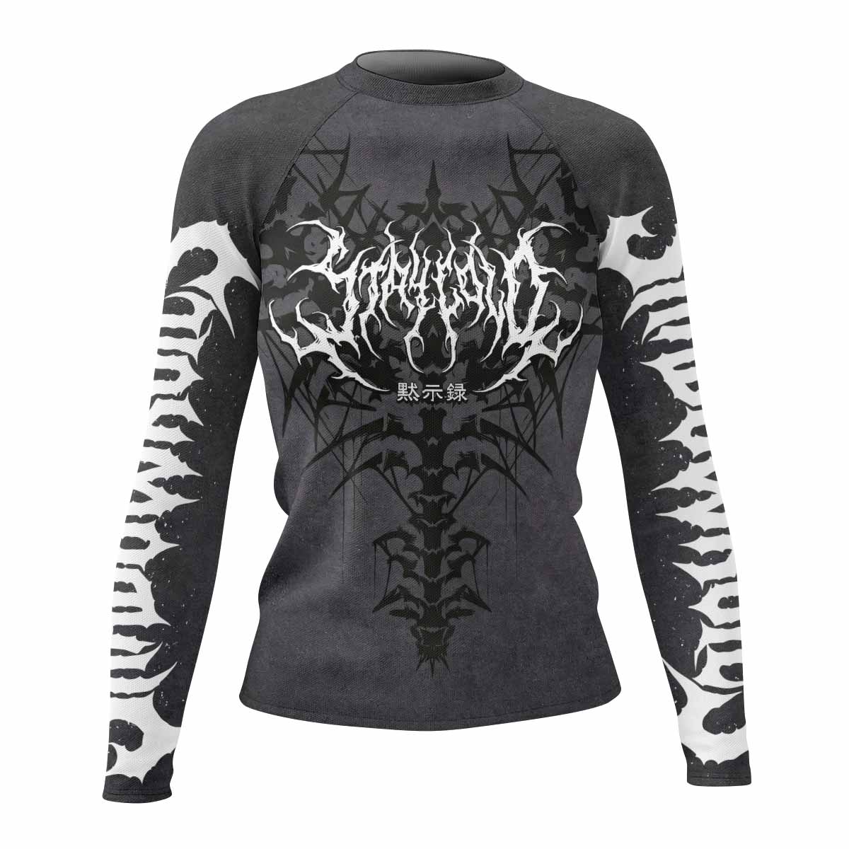 Black Metal Gothic Spine Women's Rash Guard Long Sleeve - front view mockup