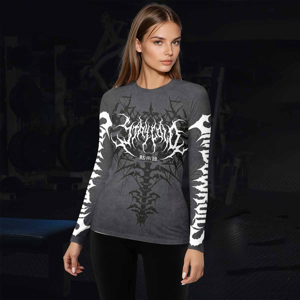 Black Metal Gothic Spine Women's Rash Guard Long Sleeve - lifestyle view