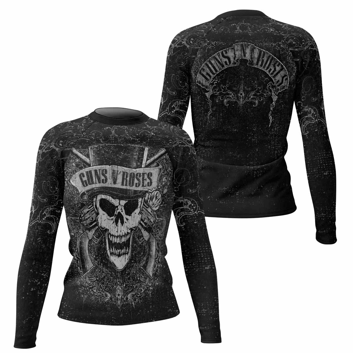 Guns N' Roses Skull Women's Rash Guard Long Sleeve - front and back view
