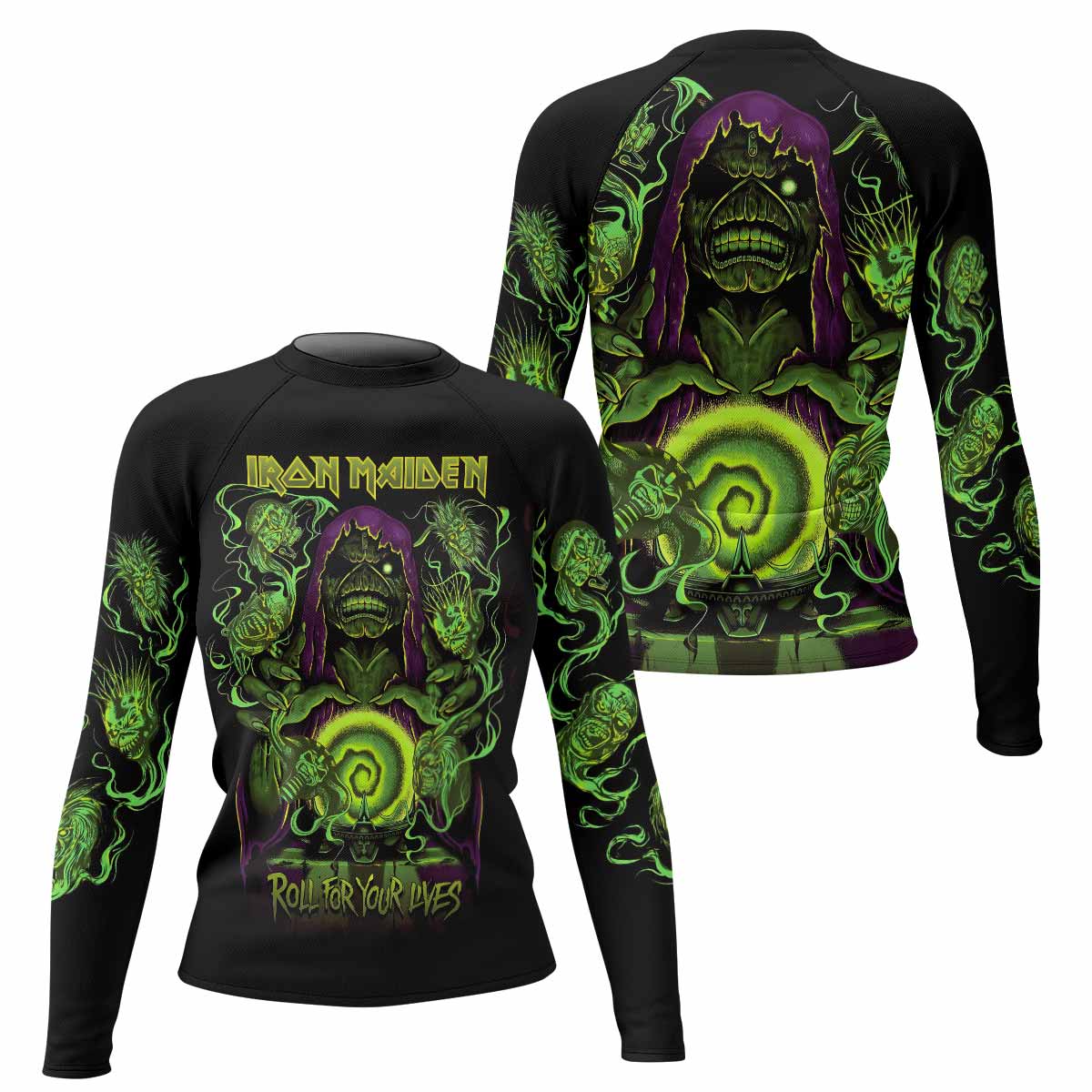 Iron Maiden Run For Your Lives Women's Rash Guard Long Sleeve - front and back view