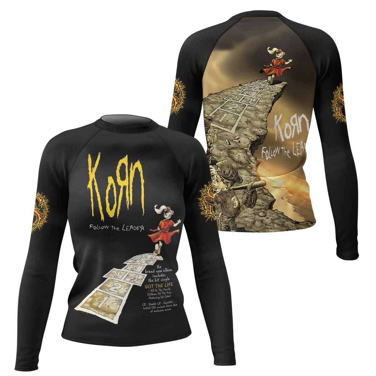 Korn Follow the Leader Women's Rash Guard Long Sleeve - front and back view