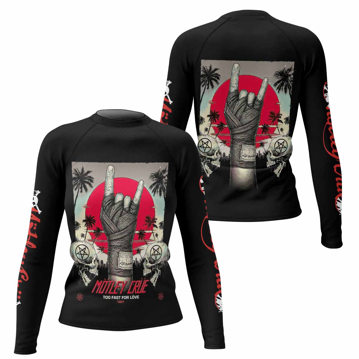 Mötley Crüe Too Fast for Love Women's Rash Guard Long Sleeve - front and back view