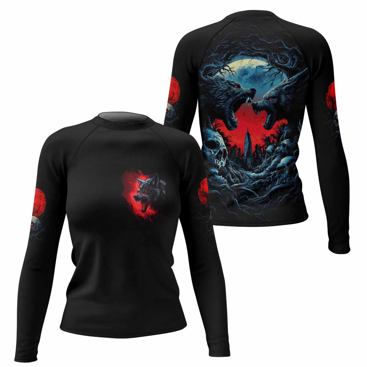 Twin Wolf Apocalypse Women's Rash Guard Long Sleeve - front and back view